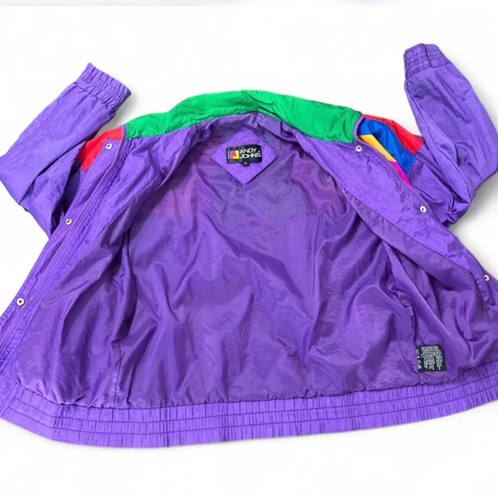 ANDY JOHNS Purple Windbreaker Vintage 80’ Jacke S, Shoulder Pads Zipper & Button